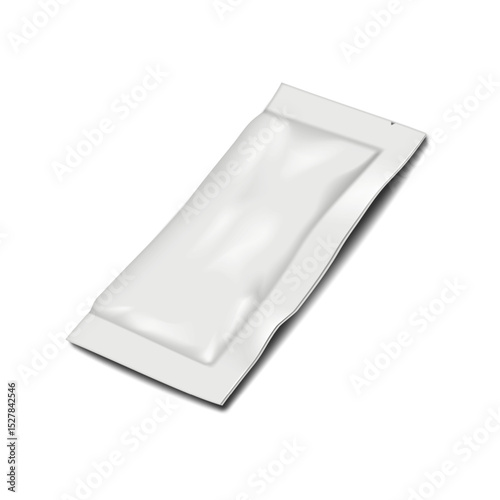 White blank tear notch 3 side seal sachet pouch. Realistic 3d vector mockup. Rectangle plastic bag. Mock-up. Food, medical, cosmetic beauty product individual packet package. Template for design