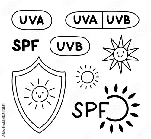 Lovely line set with SPF protection symbols. Childish hand drawn doodle with shield with sun, bubbles with UVA and UVB signs for sunblock, sunscreen product isolated on white background.