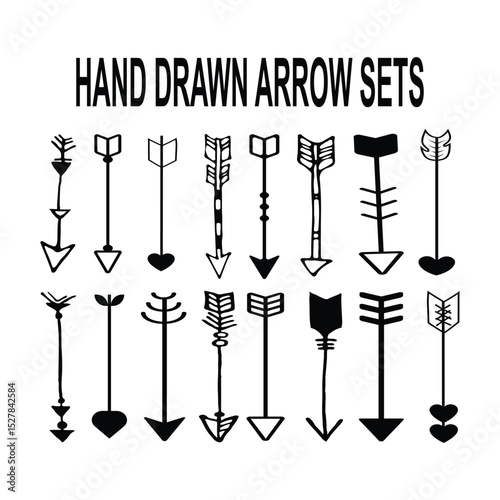   Hand Drawn Vertical Arrow Sets: Diverse Black Line Art Collection - Illustrative Graphic Design Resource Icons on White Background