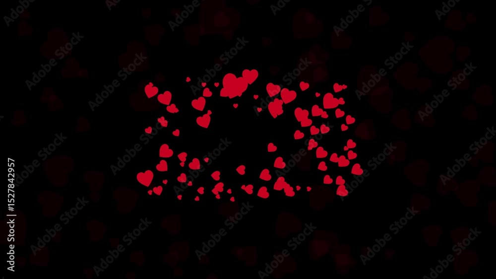 Red flying hearts pop burst. blast of heart collection. valentine's day sign of love. love explosion. red hearts flying on black background animation