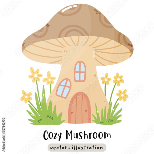 cute fairy mushroom house cartoon vector illustration