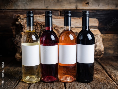 Four bottles of wine are lined up on a wooden table