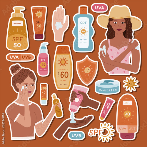 Big cartoon sticker set about SPF protection for planners, notebooks. Ready for print list of lovely hand drawn stickers clipart with women applying sunscreen, different tubes and bottles of sunblock.