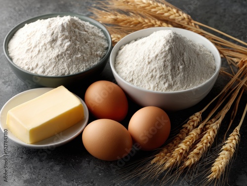 Bowl of flour sits next to a bowl of eggs and butter