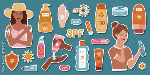 Big cartoon sticker set about defense skin from dangerous sunbeams, cancer and aging for planners, notebooks. Ready for print sheet of lovely hand drawn stickers with cosmetic for summertime vacation.