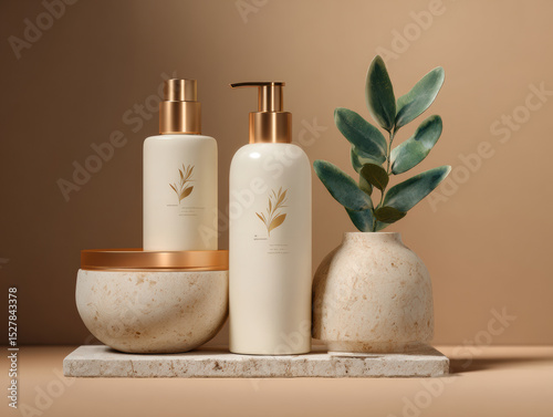 Set of three white bottles with gold trim and a green leaf on the label