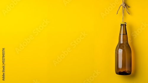 A brown beer bottle hangs from a piece of twine against a yellow background