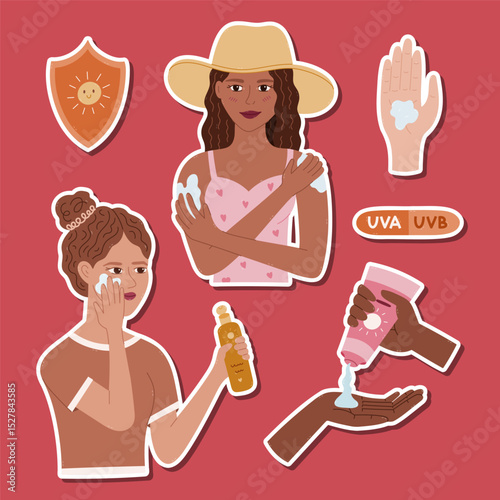 Lovely cartoon sticker set protection from ultraviolet rays for planners, notebooks. Ready for print list of hand drawn stickers clipart with women applying SPF cosmetic, hands squeezing sunscreen.