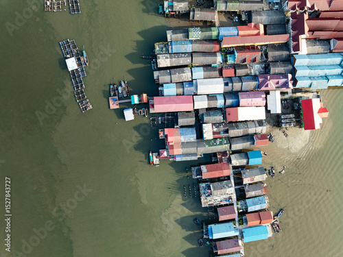 Aerial view of Panyee island in Phang Nga Thailand,Wide angle landscape Floating village, Koh Panyee fishing village island in Phang Nga, Thailand.