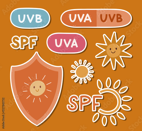 Cartoon sticker list with SPF protection symbols for planners, notebooks, diary. Ready for print list of hand drawn stickers with shield with sun, UVA and UVB signs for sunblock, sunscreen.