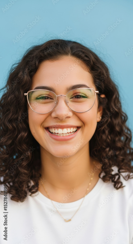 Obraz premium Smiling Brunette with Eyeglasses: A Cheerful Young Woman's Portrait on Light Blue. Authentic, Approachable, and Confident, embodying optimism and modern eyewear fashion.