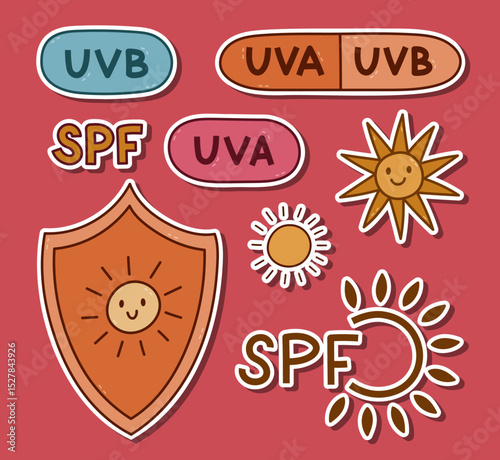 Lovely vivid outline sticker sheet with SPF protection symbols for planners, notebook, diary. Ready for print list of hand drawn stickers with shield with sun, bubbles with UVA and UVB for sunblock