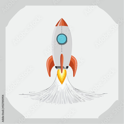 Cartoon illustration of a rocket ship taking off with flames and exhaust smoke