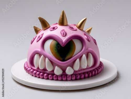 Pink monster cake with a green eye and gold spikes