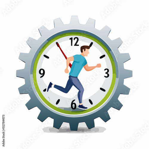 Illustration of a man running inside a clock with gear shape on a white background