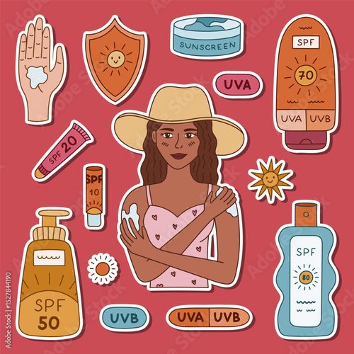 Colourful doodle sticker layout about sun protection and prevention sunburn for planners, notebook, scrapbook. Ready for print list of hand drawn stickers with girl using sunblock, SPF lipstick