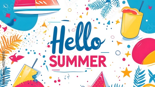 Vibrant Hello Summer themed illustration with tropical elements and bright colors