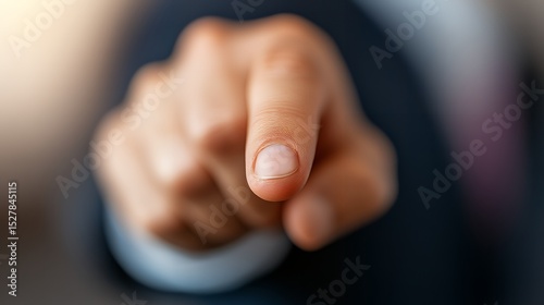 Close-up of a young Caucasian male's index finger pointing towards the viewer, slightly blurred background