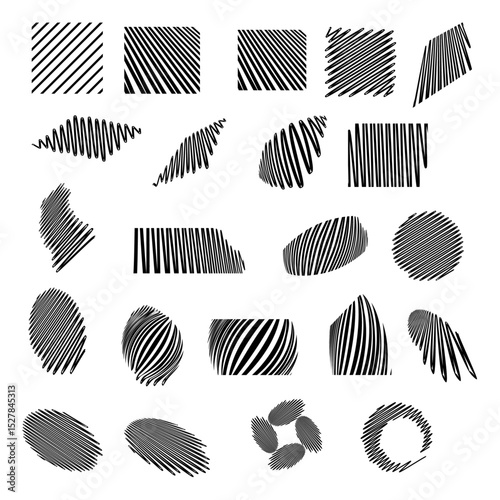 Collection of abstract shapes with black and white line patterns in various orientations and arrangements
