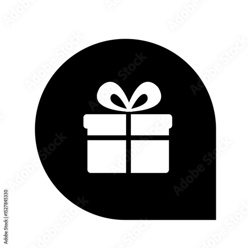 Illustration of a white gift box with a bow inside a black rounded shape with a pointed end on a white background