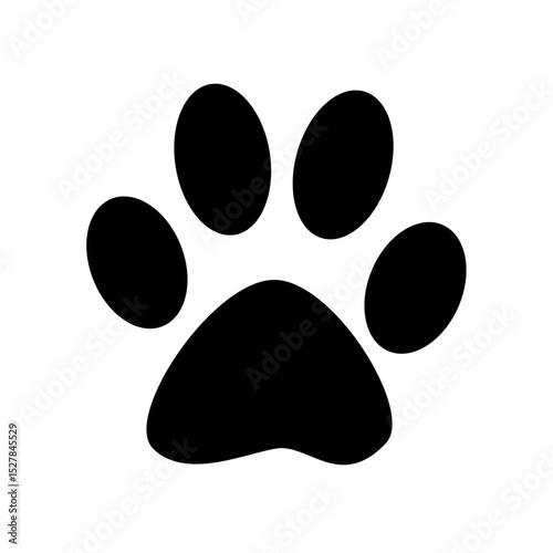 A black paw print with four toes and a pad in the center, isolated on a white background, animal track art
