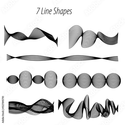 Seven abstract line art shapes arranged on a white background with varying patterns and orientations shown