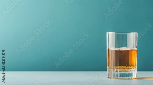A rocks glass of amber liquid sits on a teal surface against a teal background