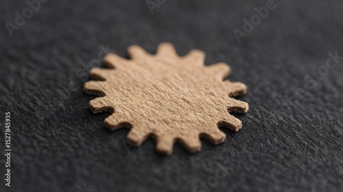 Close-up of a small, tan felt gear on a dark surface
