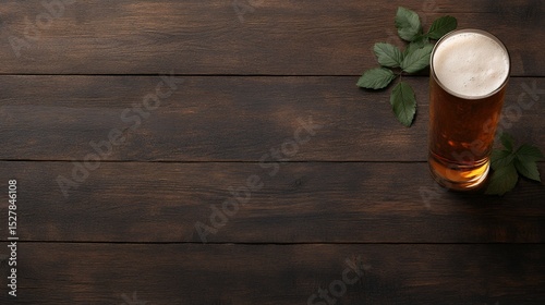 A tall glass of beer sits on a dark wooden surface, surrounded by green leaves