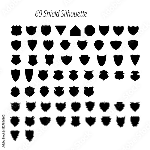Collection of sixty shield silhouettes in various shapes and designs arranged in rows and columns format