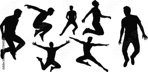 Jumping Men Silhouettes Vector Set - Dynamic Poses, Energetic Men in Motion,Athletic Men Jumping - Sport and Fitness Silhouettes
