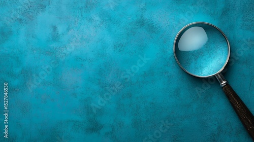 A magnifying glass with a wooden handle rests on a textured teal surface, ready for investigation or discovery