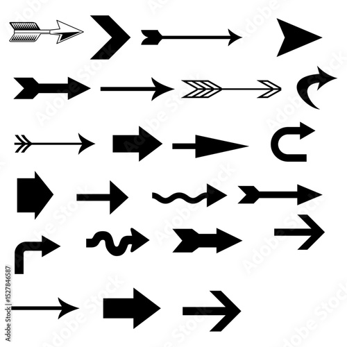 Collection of assorted black arrow illustrations pointing in various directions on a white background