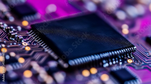 Close-up view of a microchip's intricate circuitry and connectors on a vibrant purple printed circuit board