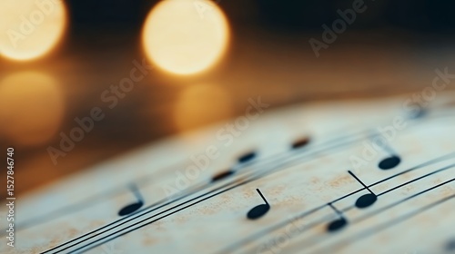 Close-up of musical notes on aged sheet music, gently illuminated by soft, warm light