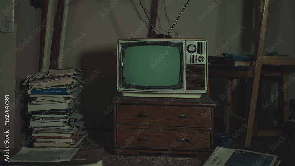 Vintage television displaying static noise resting on wooden cabinet, illuminating abandoned, dust covered interior with nostalgic technological remnant