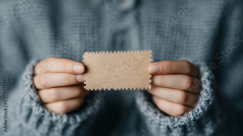 A person gently holds a small, blank, textured cardboard rectangle, offering a simple, rustic message space
