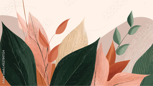 Illustration of overlapping green beige and coral leaves against a beige background