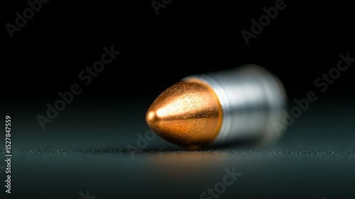 Close-up of a single bullet, showcasing its copper-jacketed tip and metallic casing, resting on a dark surface
