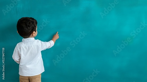 A young boy stands before a teal chalkboard, pointing with his finger, ready to learn and share his ideas