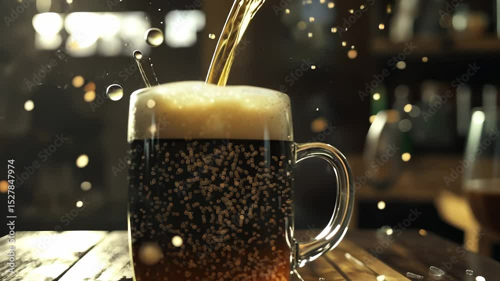 A glass mug is being filled with dark beer, creating foam at the top. Bubbles rise from the base as beer is poured, and droplets splash around, with a blurred background.