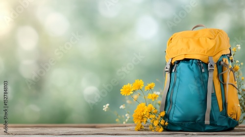 A teal and yellow backpack sits on a wooden surface, surrounded by yellow flowers against a blurred green background