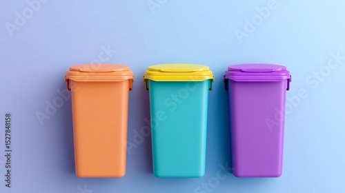 Three colorful waste bins, orange, teal, and purple, stand in a row against a light blue background