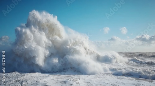 A massive ocean wave crashes, creating a towering white cloud of spray under a bright blue sky
