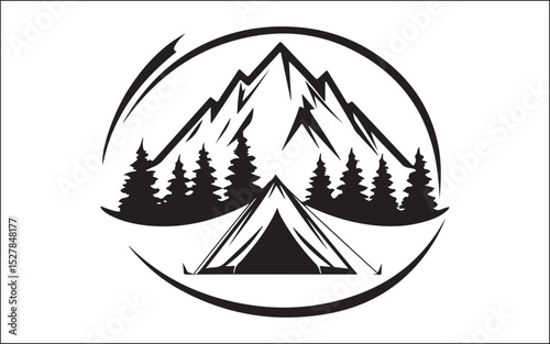 Mountain Camping Silhouette Scene Hiker, Tent, and Pine Trees Vector Art