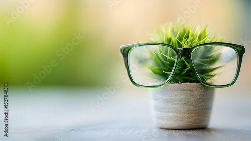 Green eyeglasses sit atop a small potted plant, blurred background