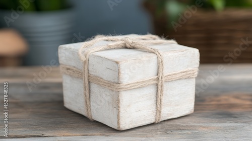 A rustic white wooden gift box tied with twine sits on a wooden surface