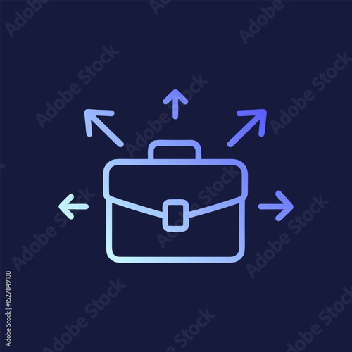 Business briefcase surrounded by expanding arrows. Icon symbol illustration