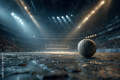Soccer ball on a fractured indoor sports court in a large arena, with stark shadows and cinematic quality - AI-Generated