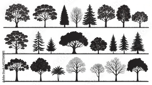 Black silhouette trees, various types, nature illustration, graphic design, art